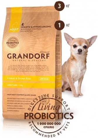 GRANDORF Adult Mini Living Probiotics с живыми пробиотиками для собак мелких пород 4 мяса/бурый рис