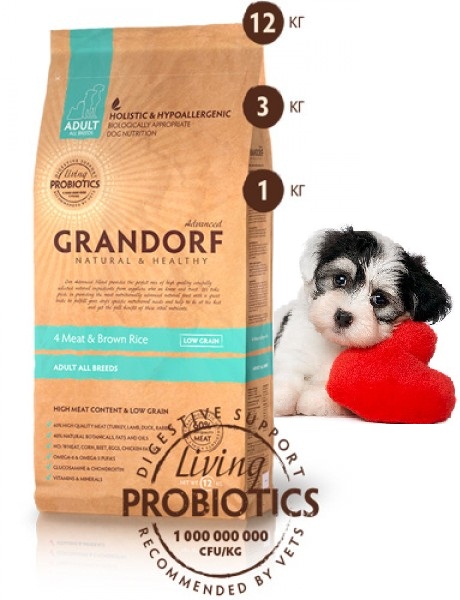 GRANDORF Adult Living Probiotics с живыми пробиотиками для собак всех пород 4 мяса/бурый рис